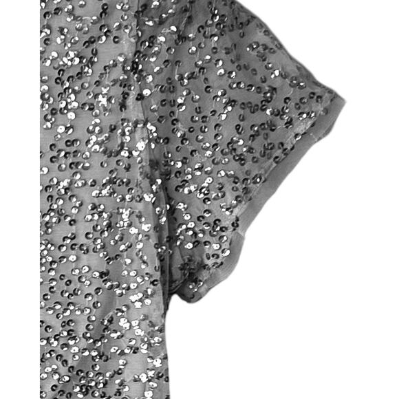 Chicos Shirt Womens Size M Sequins Short Sleeve Sheer Lined Silver Gray NWT - Picture 5 of 11